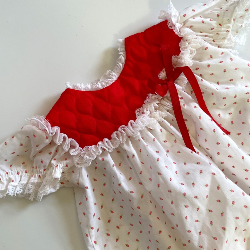 Vintage Baby Dress Strawberry Red Quilted Yoke Lace Trim Small Cottage Dainty